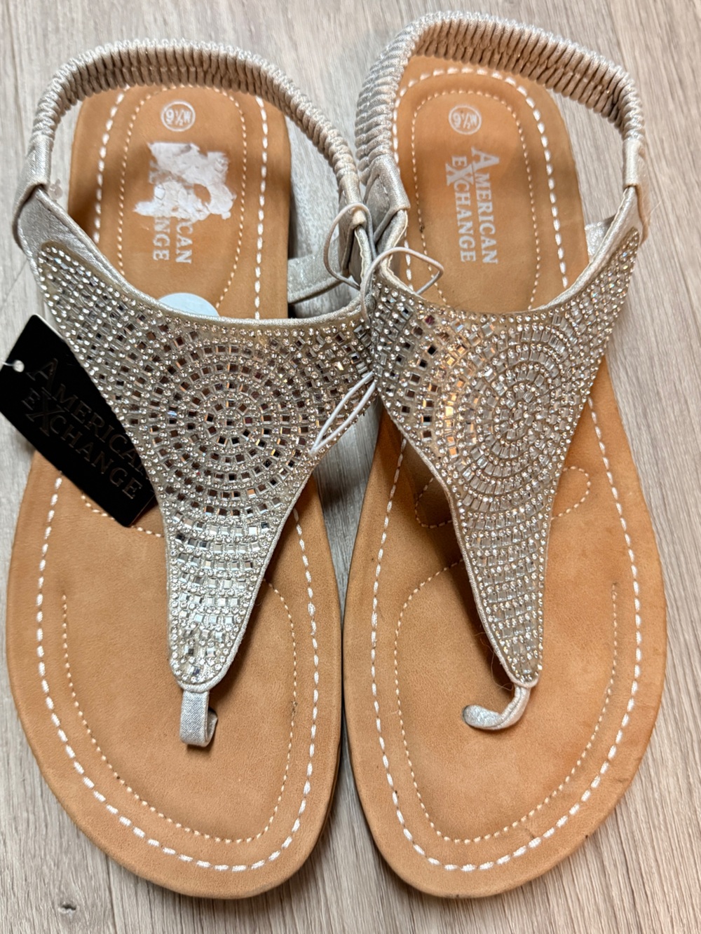 American Exchange Silver Rhinestone Embellished Sandals with Tan Footbed